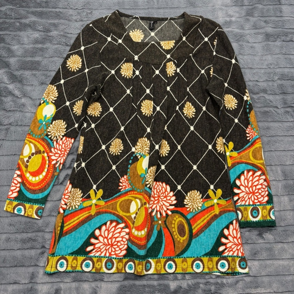 Bacci Womens Retro Floral Geometric Knit Tunic Top Multi Color Large RN 132767